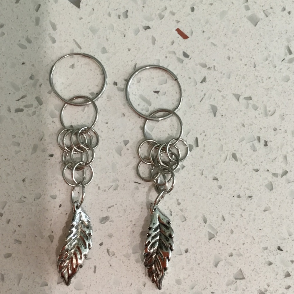 Silver Leaf Drop Hoop Earrings - Women's Jewelry